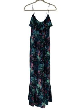 GAT RIMON 100% Silk Maxi Dress Size 2/M Watercolor Print Ruffle Neck Boho Resort